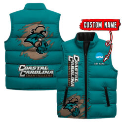 Coastal Carolina Chanticleers - Custom Name Unisex Sleeveless Puffer Jacket FT91825