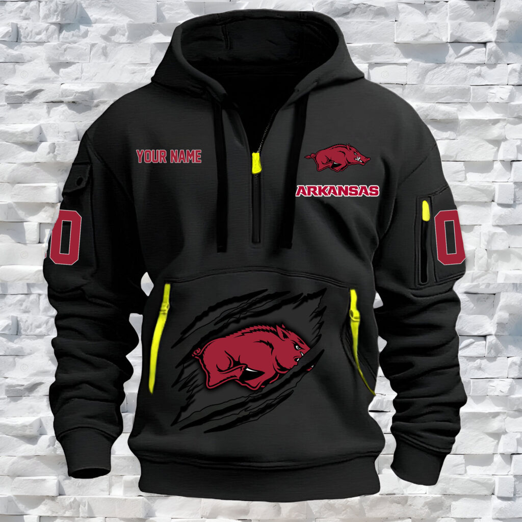 Arkansas Razorbacks – Custom Name and Number Quarter Zip Hoodie – 98finan