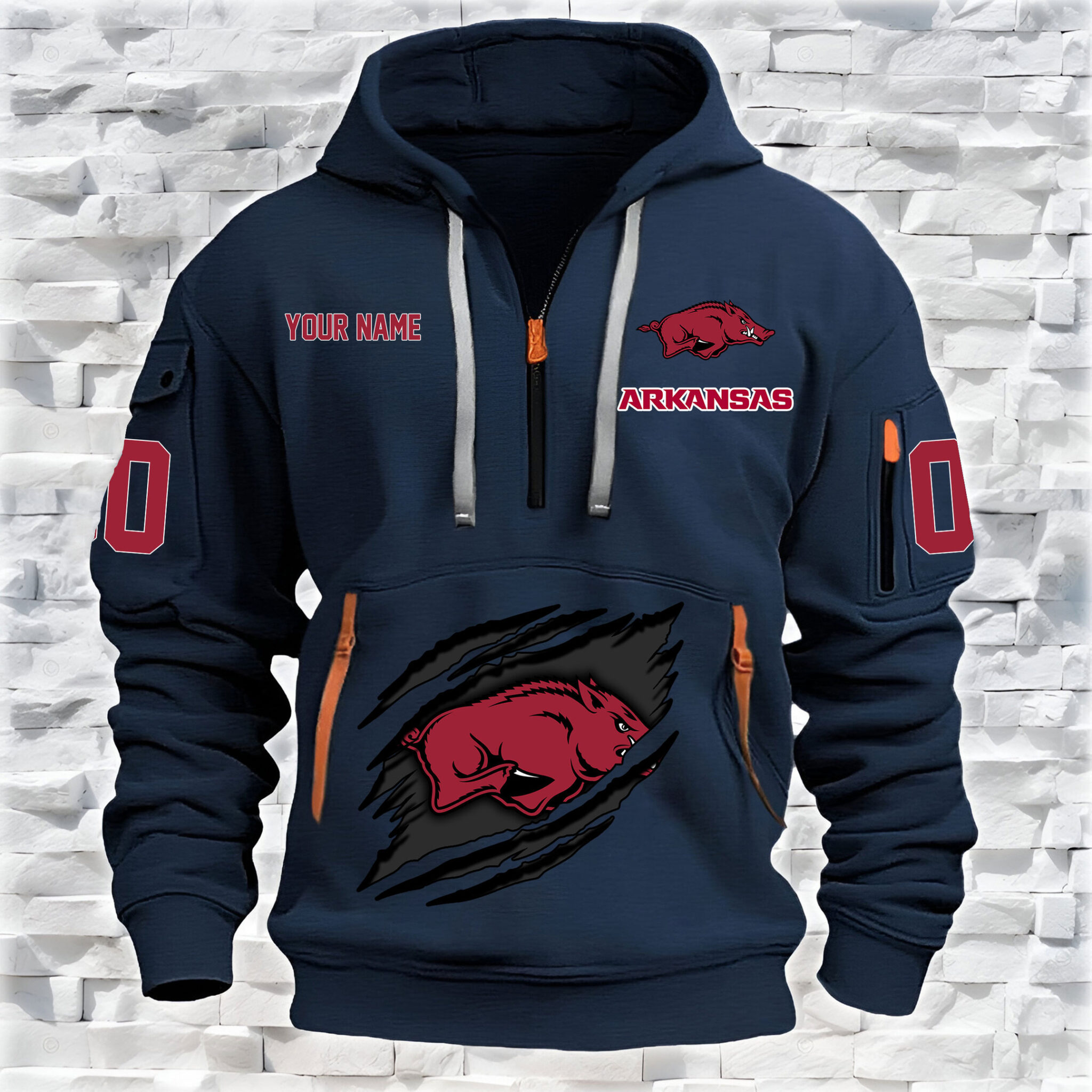 Arkansas Razorbacks – Custom Name and Number Quarter Zip Hoodie – 98finan