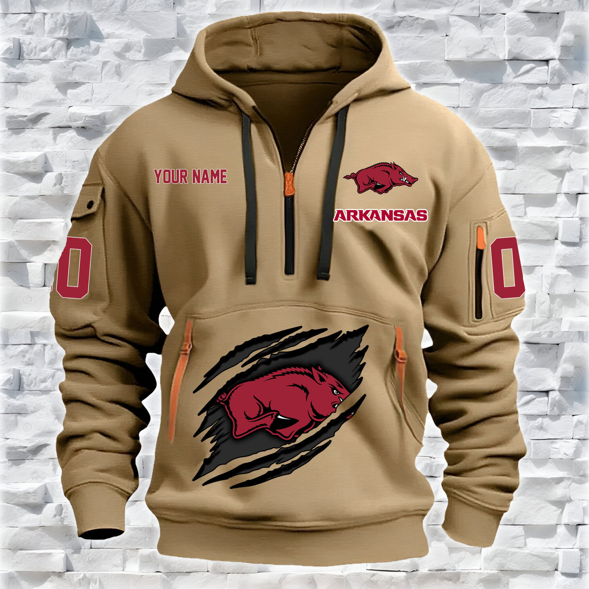 Arkansas Razorbacks – Custom Name and Number Quarter Zip Hoodie – 98finan