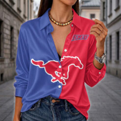 SMU Mustangs | Women's Split Color Long Sleeve Button-Up Shirt