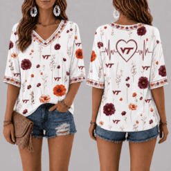 Virginia Tech Hokies Football Floral Hearbeat V-neck Shirt