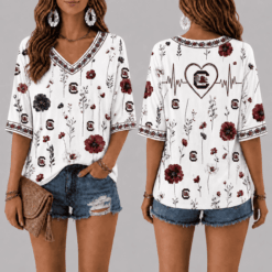 South Carolina Gamecocks Football Floral Hearbeat V-neck Shirt