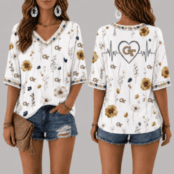 Georgia Tech Yellow Jackets Football Floral Hearbeat V-neck Shirt