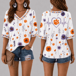 Clemson Tigers Football Floral Hearbeat V-neck Shirt