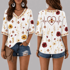 Iowa State Cyclones Football Floral Hearbeat V-neck Shirt