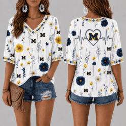 Michigan Wolverines Football Floral Hearbeat V-neck Shirt