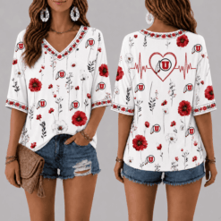 Utah Utes Football Floral Hearbeat V-neck Shirt