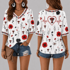 Texas Tech Red Raiders Football Floral Hearbeat V-neck Shirt