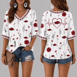 Arkansas Razorbacks Football Floral Hearbeat V-neck Shirt