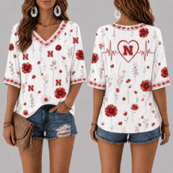 Nebraska Cornhuskers Football Floral Hearbeat V-neck Shirt