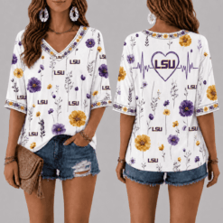 LSU Tigers Football Floral Hearbeat V-neck Shirt