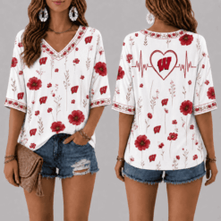 Wisconsin Badgers Football Floral Hearbeat V-neck Shirt