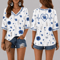 Kentucky Wildcats Football Floral Hearbeat V-neck Shirt