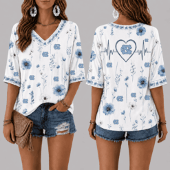 North Carolina Tar Heels Football Floral Hearbeat V-neck Shirt