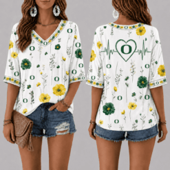 Oregon Ducks Football Floral Hearbeat V-neck Shirt