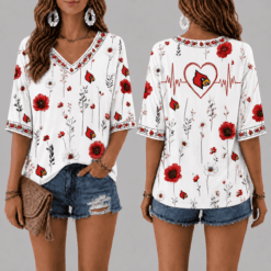 Louisville Cardinals Football Floral Hearbeat V-neck Shirt