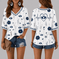 BYU Cougars Football Floral Hearbeat V-neck Shirt