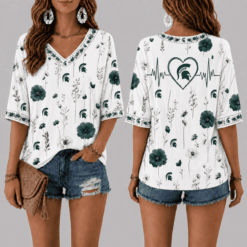 Michigan State Spartans Football Floral Hearbeat V-neck Shirt