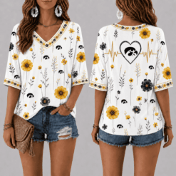 Iowa Hawkeyes Football Floral Hearbeat V-neck Shirt