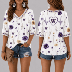 Washington Huskies Football Floral Hearbeat V-neck Shirt