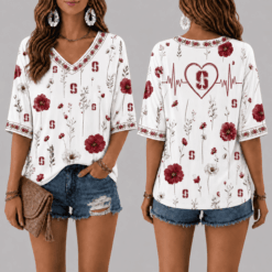 Stanford Cardinal Football Floral Hearbeat V-neck Shirt
