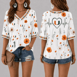 Miami Hurricanes Football Floral Hearbeat V-neck Shirt