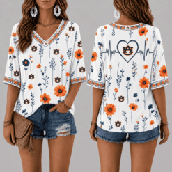 Auburn Tigers Football Floral Hearbeat V-neck Shirt