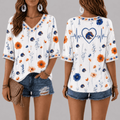 Boise State Broncos Football Floral Hearbeat V-neck Shirt