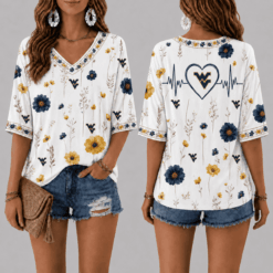 West Virginia Mountaineers Football Floral Hearbeat V-neck Shirt