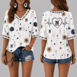 Navy Midshipmen Football Floral Hearbeat V-neck Shirt