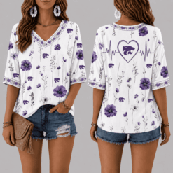 Kansas State Wildcats Football Floral Hearbeat V-neck Shirt