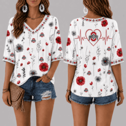 Ohio State Buckeyes Football Floral Hearbeat V-neck Shirt