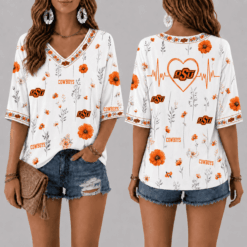 Oklahoma State Cowboys Football Floral Hearbeat V-neck Shirt