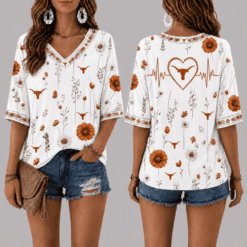 Texas Longhorns Football Floral Hearbeat V-neck Shirt