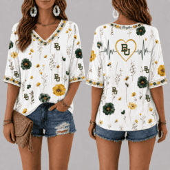 Baylor Bears Football Floral Hearbeat V-neck Shirt